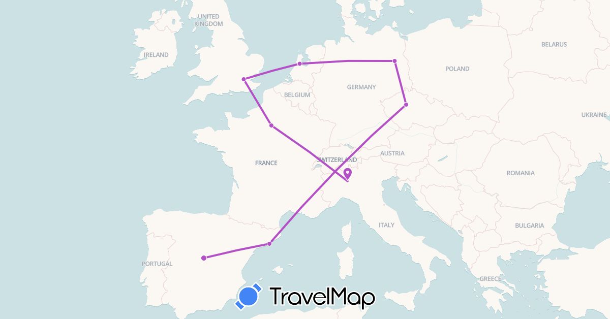TravelMap itinerary: train in Germany, Spain, France, United Kingdom, Italy (Europe)